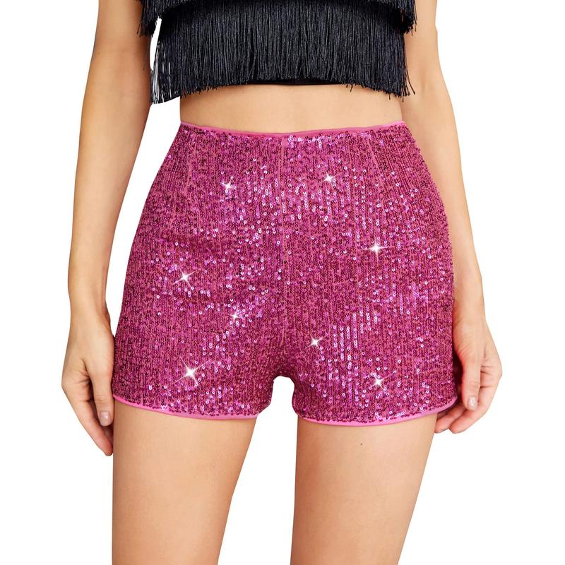 Women's Summer Sequins Shorts Mid Waist Elastic Band Sparkly Straight Leg Shorts Glitter Hot Pants for Party