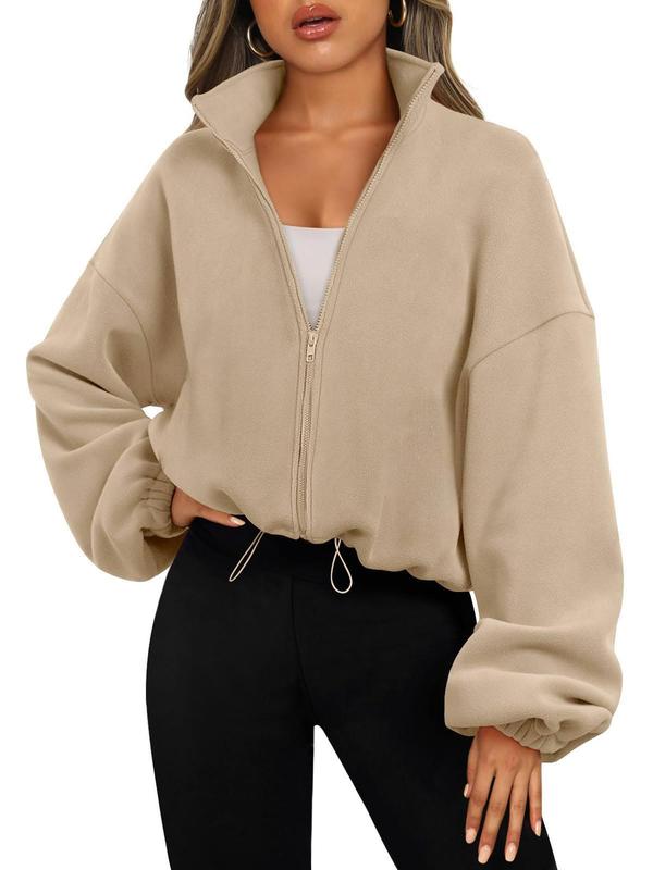 Women's Solid Zip Up Drop Shoulder Polar Fleece Jacket, Casual Long Sleeve Stand Collar Outerwear for Fall & Winter, Ladies Clothes for Daily Wear