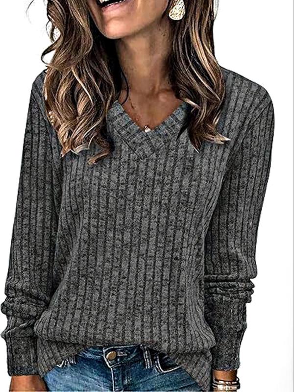 Women's Plain V Neck T-shirt, Casual Long Sleeve Jumper for Fall & Winter, Fashion Ladies' Knit Clothing for Daily Wear