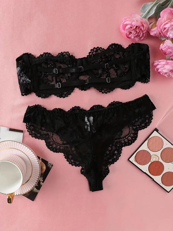 Women's Floral Lace Sexy Lingerie Two-Piece Set, Romantic Underwire Bandeau Bra & Scallop Trim Thong, Breathable Comfortable Lingerie Set for Daily Wear, Women's Underwear Set for All Seasons