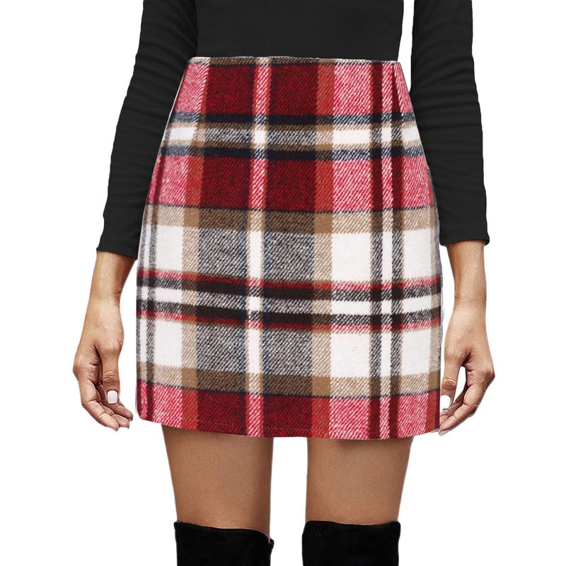 Women's Bodycon Mini Skirt, Classic Plaid Print High Waist Zip Up Wool Pencil Skirt