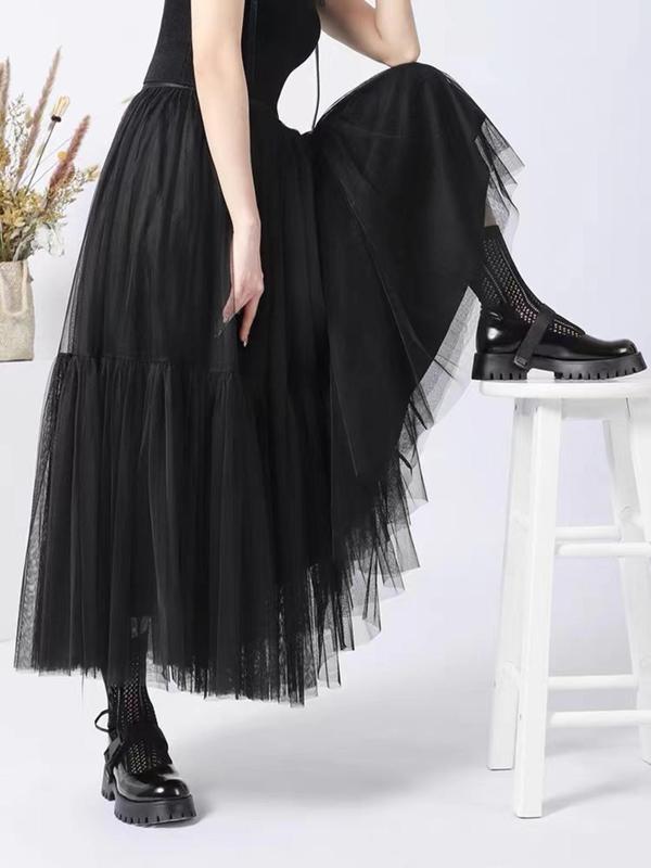 Women's Plain Ruffle Hem Tulle Skirt, Elegant High Waist Long Skirt for Beach Holiday Vacation, Ladies Clothes for All Seasons