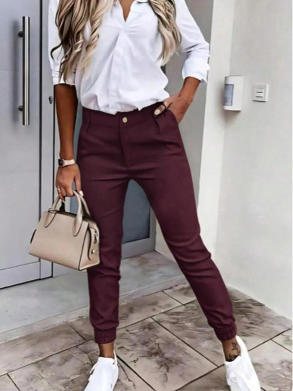 Women's Plain Plicated Pocket Button Fly Pants, Casual Trousers for Spring & Fall, Women's Bottoms for Daily Wear