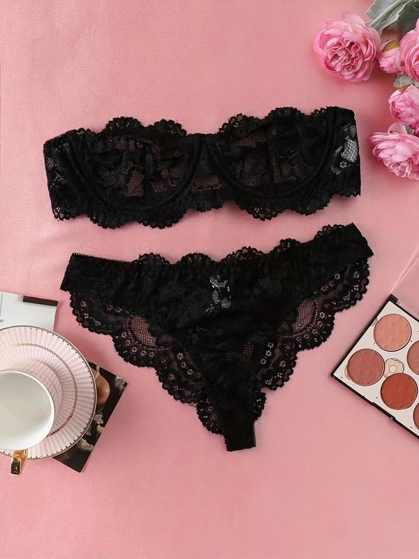 Women's Floral Lace Sexy Lingerie Two-Piece Set, Romantic Underwire Bandeau Bra & Scallop Trim Thong, Breathable Comfortable Lingerie Set for Daily Wear, Women's Underwear Set for All Seasons