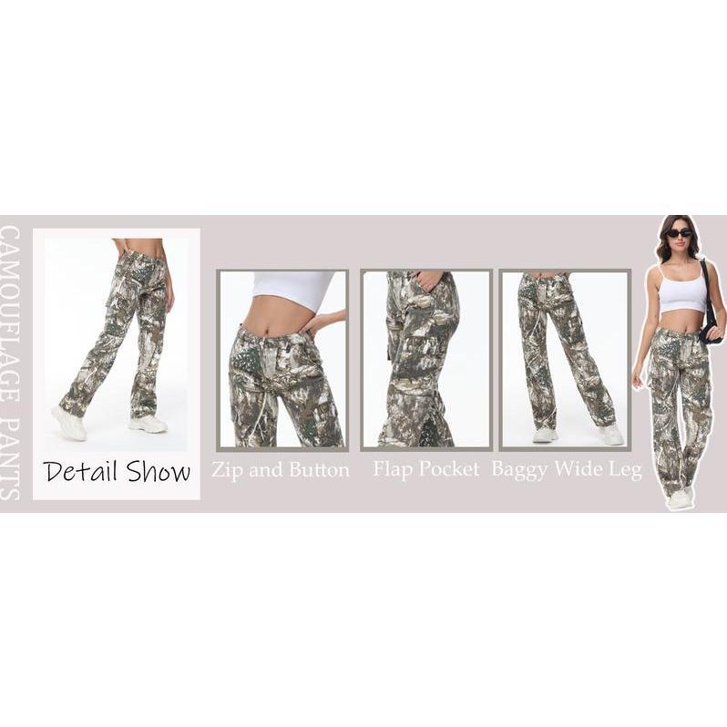 2024 new women's viral camouflage pants overalls high waist loose wide leg camouflage military uniform slim pocket jogging sweatpants dance pants Womenswear Bottoms Comfort pantaloons pants