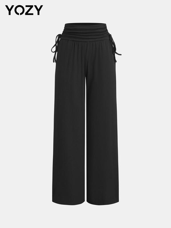 YOZY Women's Plain Ruched Tie Side Wide Leg Pants, Casual Comfy Pocket Trousers for Daily Wear, Ladies Bottoms for All Seasons