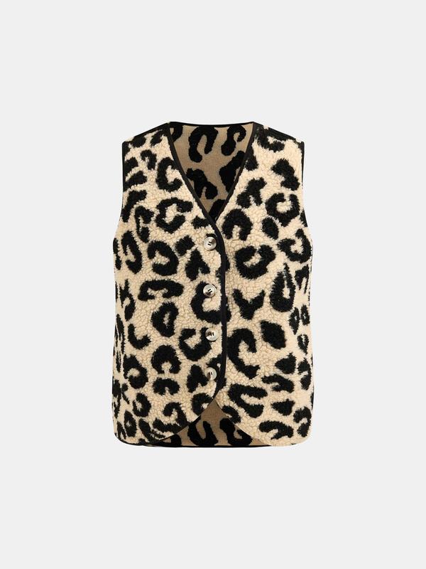 YOZY Women's Leopard Print Button Front V Neck Plush Vest Jacket, Casual Sleeveless Outerwear for Fall & Winter, Ladies Clothes for Daily Wear