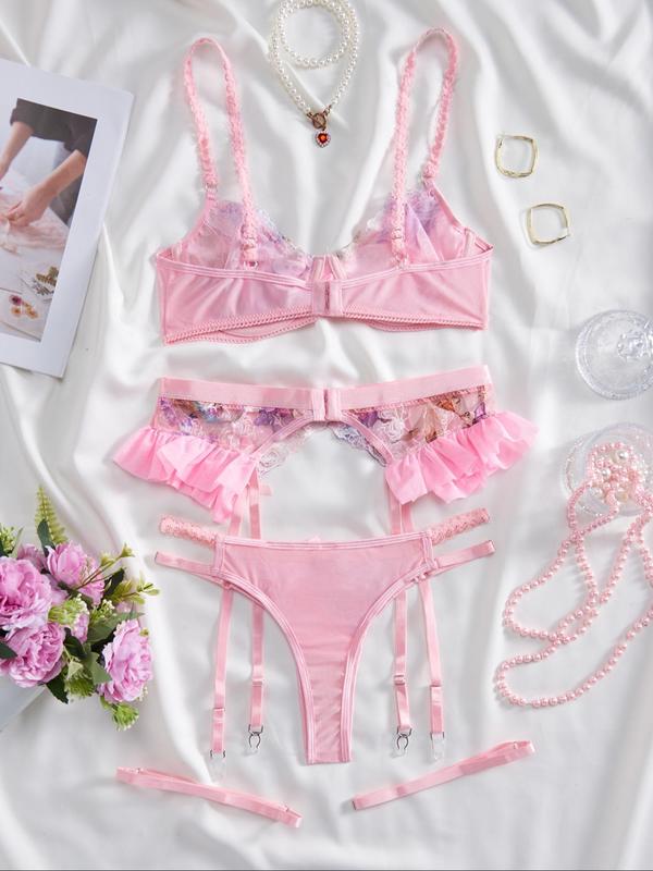 Women's Floral Embroidery Lingerie Set, Casual Bra & Cut Out Panty & Garter Belt & 1 Pair Thigh Rings Set, Lingerie Set for Women