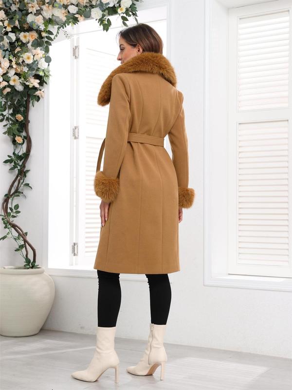 Women's Solid Color Belted Pocket Thermal Overcoat, Elegant Fashion Contrast Faux Fur Trim Button Decor Coat for Daily Outdoor Wear, Winter Clothes Women 2024, Women Clothing for Fall & Winter Outerwear