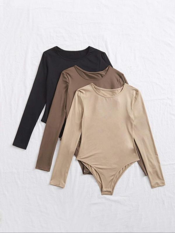 Women's Solid Long Sleeve Tee Bodysuit, Casual Comfy Round Neck Bodysuit for Daily Wear, Ladies Clothes for All Seasons