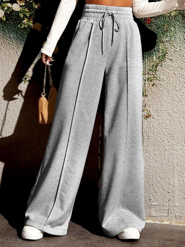 Women's Drawstring High Waisted Seam Front Wide Leg Pants, Casual Comfy Loose Elastic Waist Straight Leg Pants for Daily Wear, Fashion Women Clean Girl Clothes, Fall Outfits, Fallfreshness Clothes