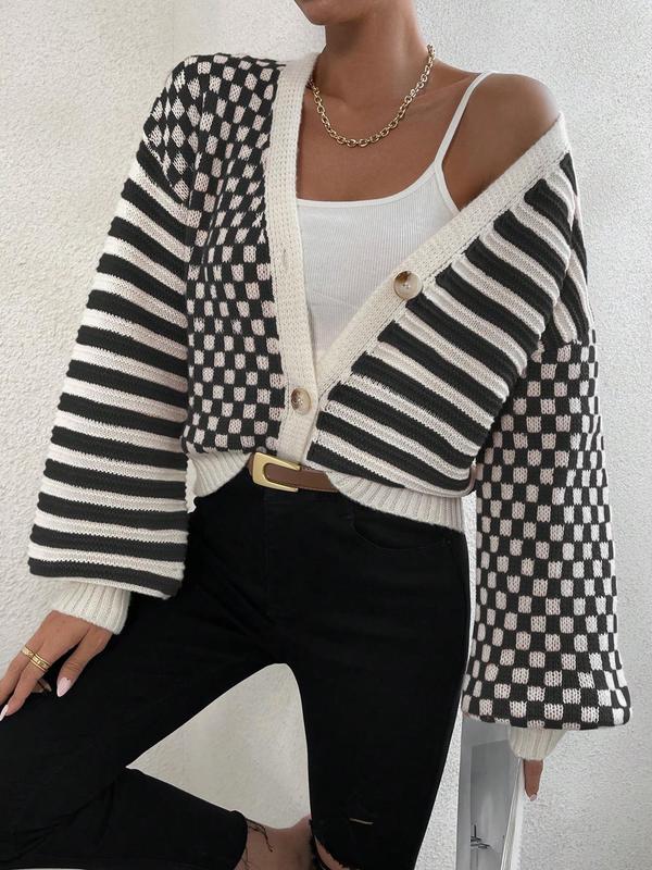 Women's Striped & Plaid Print Button Front Cardigan, Casual Drop Shoulder V Neck Knitwear for Spring & Fall, Fashion Women's Knit Clothing for Daily Wear, Going Out Outfits 2024