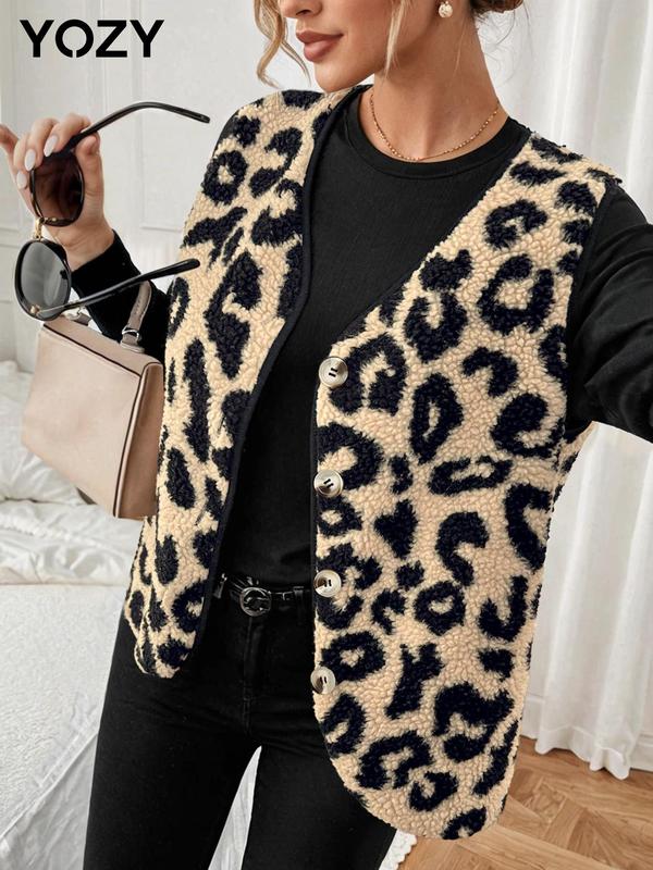 YOZY Women's Leopard Print Button Front V Neck Plush Vest Jacket, Casual Sleeveless Outerwear for Fall & Winter, Ladies Clothes for Daily Wear