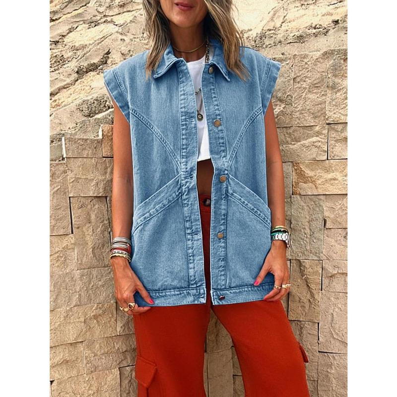 Fisoew Womens Oversized Sleeveless Denim Vest Classic Button Down Jean Vest Casual Utility Lapel Jean Jacket