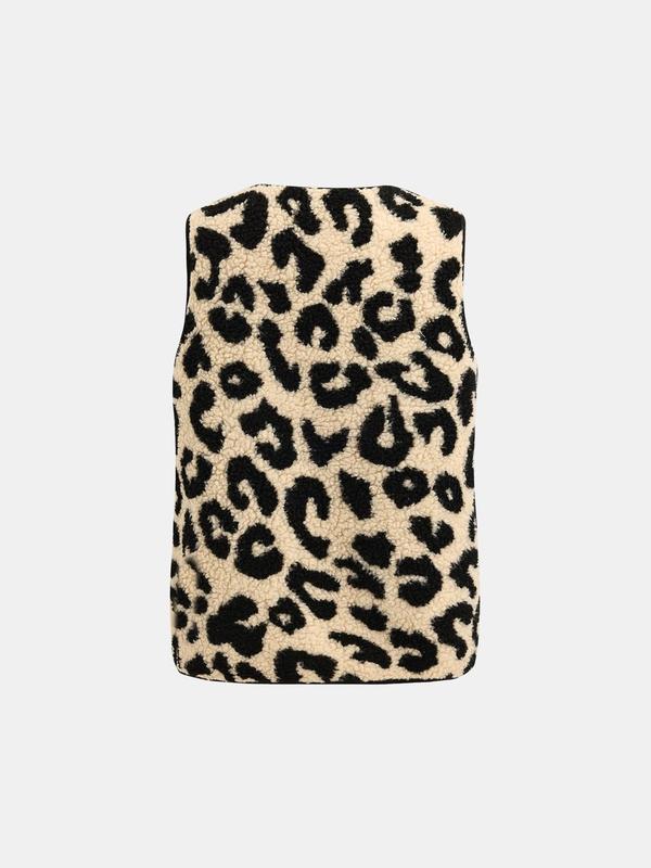 YOZY Women's Leopard Print Button Front V Neck Plush Vest Jacket, Casual Sleeveless Outerwear for Fall & Winter, Ladies Clothes for Daily Wear