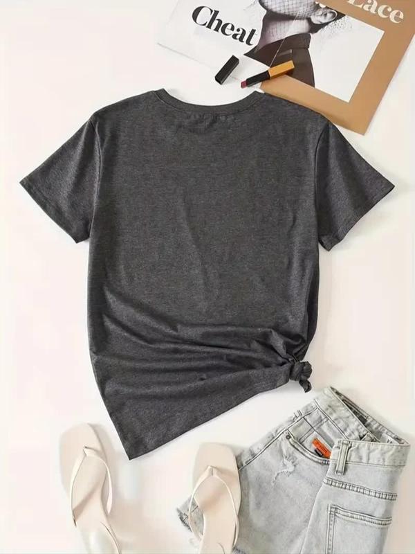  Letter Print Round Neck Tee, Casual Short Sleeve Crew Neck T-Shirt for Daily Wear, Women Clothing for All Seasons