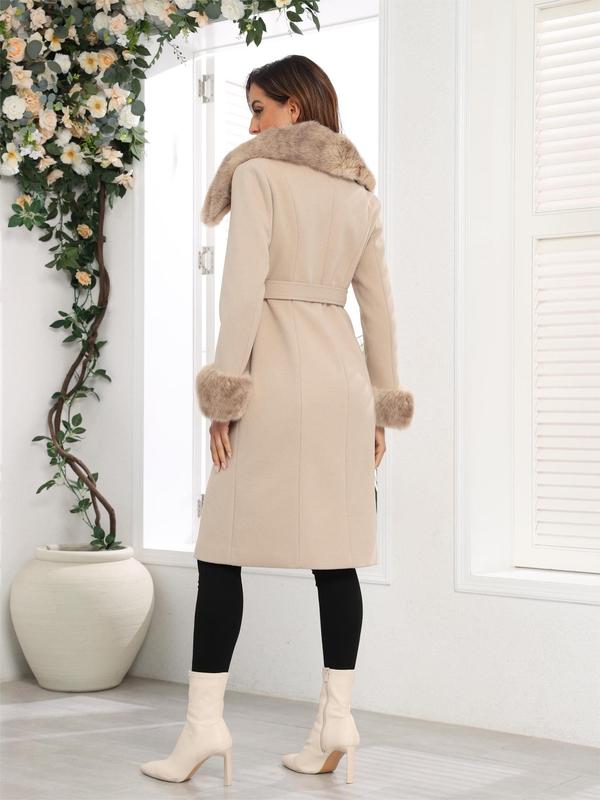 Women's Solid Color Belted Pocket Thermal Overcoat, Elegant Fashion Contrast Faux Fur Trim Button Decor Coat for Daily Outdoor Wear, Winter Clothes Women 2024, Women Clothing for Fall & Winter Outerwear