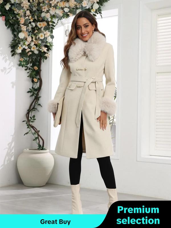 Women's Solid Color Belted Pocket Thermal Overcoat, Elegant Fashion Contrast Faux Fur Trim Button Decor Coat for Daily Outdoor Wear, Winter Clothes Women 2024, Women Clothing for Fall & Winter Outerwear