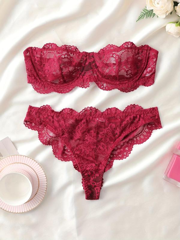 Women's Floral Lace Sexy Lingerie Two-Piece Set, Romantic Underwire Bandeau Bra & Scallop Trim Thong, Breathable Comfortable Lingerie Set for Daily Wear, Women's Underwear Set for All Seasons