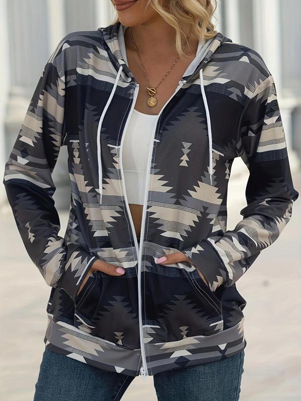 Women's All Over Print Drawstring Zip Up Hoodie, Jackets for Women, Casual Long Sleeve Pocket Hooded Outerwear for Fall & Winter, Women's Clothes for Daily Wear, Fall Outfits, Fallfreshness