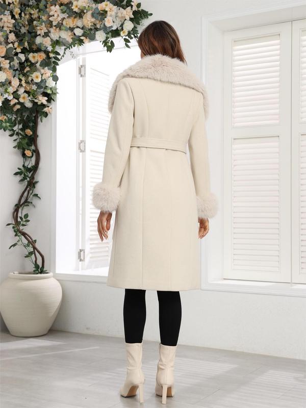 Women's Solid Color Belted Pocket Thermal Overcoat, Elegant Fashion Contrast Faux Fur Trim Button Decor Coat for Daily Outdoor Wear, Winter Clothes Women 2024, Women Clothing for Fall & Winter Outerwear