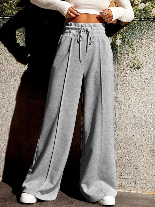 Women's Drawstring High Waisted Seam Front Wide Leg Pants, Casual Comfy Loose Elastic Waist Straight Leg Pants for Daily Wear, Fashion Women Clean Girl Clothes, Fall Outfits, Fallfreshness Clothes