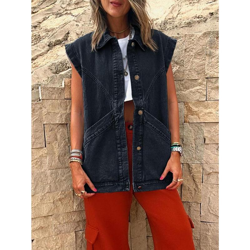 Fisoew Womens Oversized Sleeveless Denim Vest Classic Button Down Jean Vest Casual Utility Lapel Jean Jacket