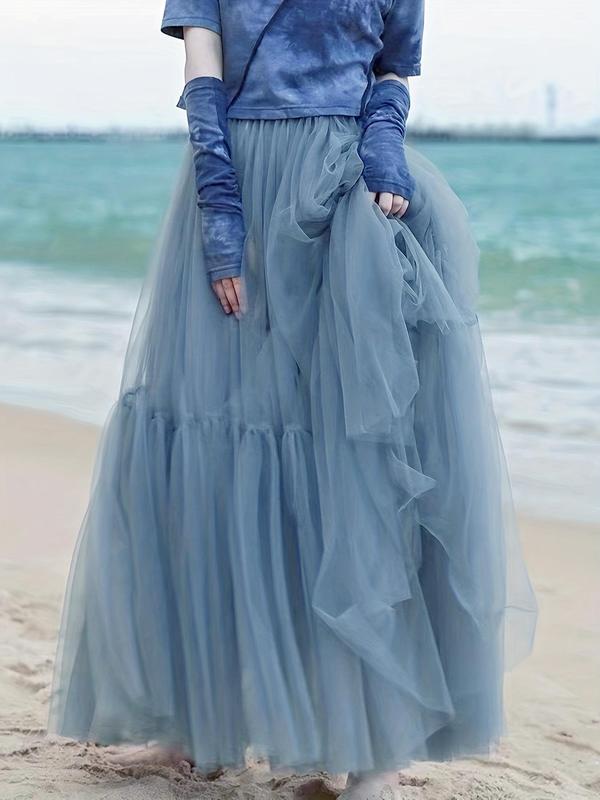 Women's Plain Ruffle Hem Tulle Skirt, Elegant High Waist Long Skirt for Beach Holiday Vacation, Ladies Clothes for All Seasons