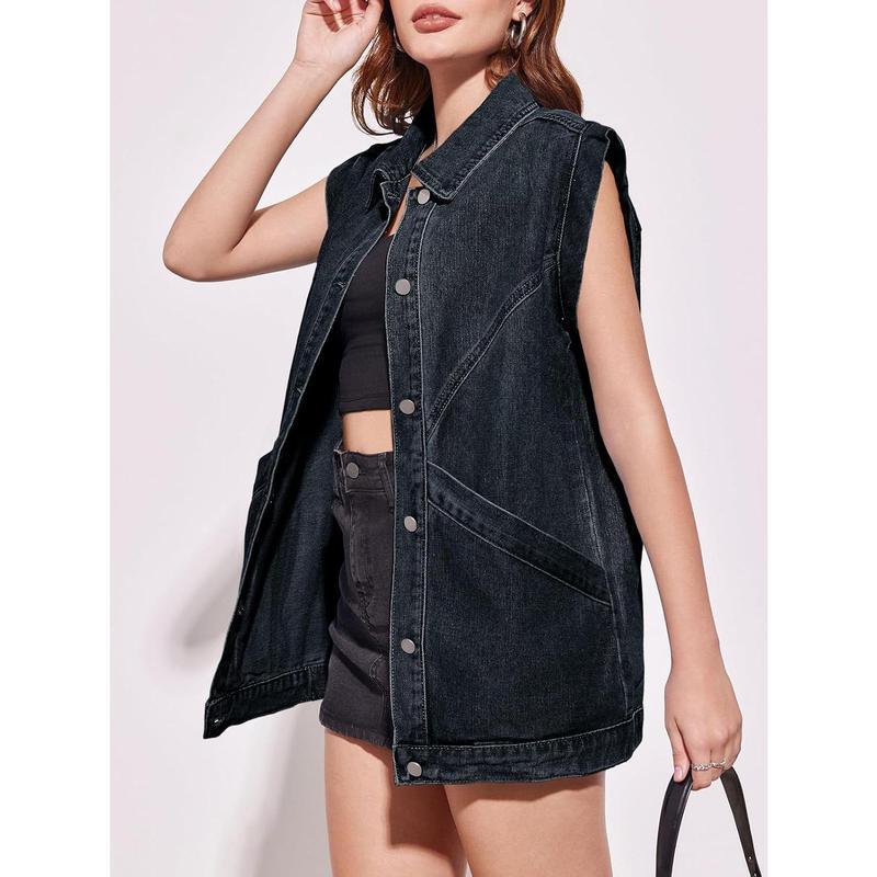 Fisoew Womens Oversized Sleeveless Denim Vest Classic Button Down Jean Vest Casual Utility Lapel Jean Jacket