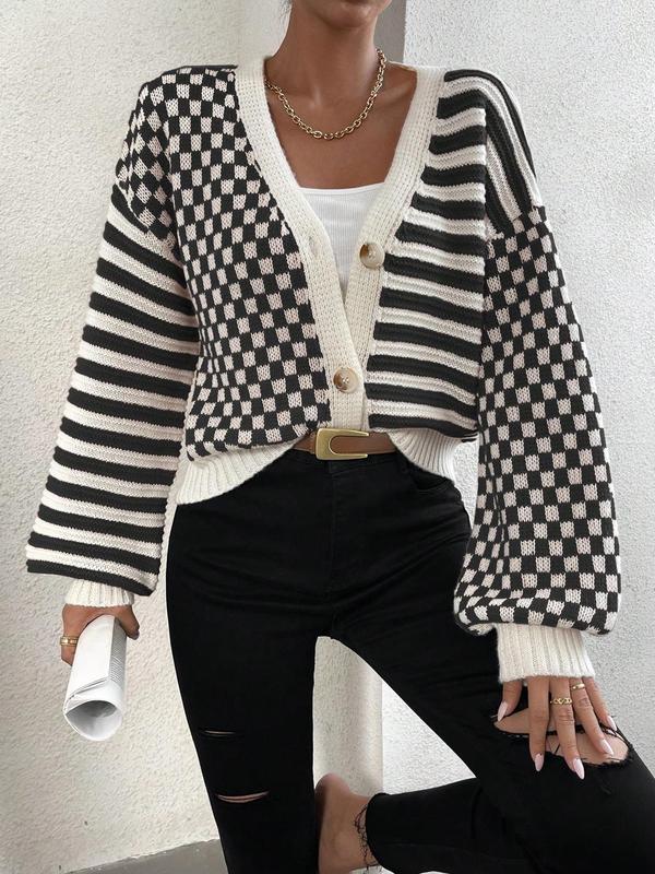 Women's Striped & Plaid Print Button Front Cardigan, Casual Drop Shoulder V Neck Knitwear for Spring & Fall, Fashion Women's Knit Clothing for Daily Wear, Going Out Outfits 2024