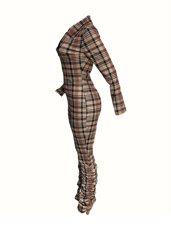 Women's Tartan Print Half Zipper Ruched Stacked Jumpsuit, Casual Long Sleeve Collared Jumpsuit for Spring & Fall, Women's Clothes for Daily Wear