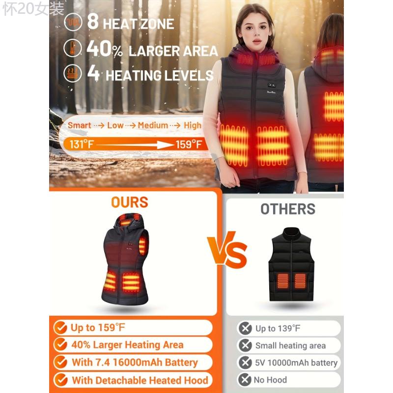 Heated Vest Women Lightweight - 7.4V 16000mAh Battery Pack, Detachable Heated Hood, Slim Fit Womens Heated Vest Collar Fabric