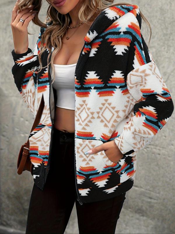 Women's Ethnic Pattern Drop Shoulder Zip Up Plush Jacket, Casual Long Sleeve Hooded Outerwear for Fall & Winter, Ladies Clothes for Daily Wear