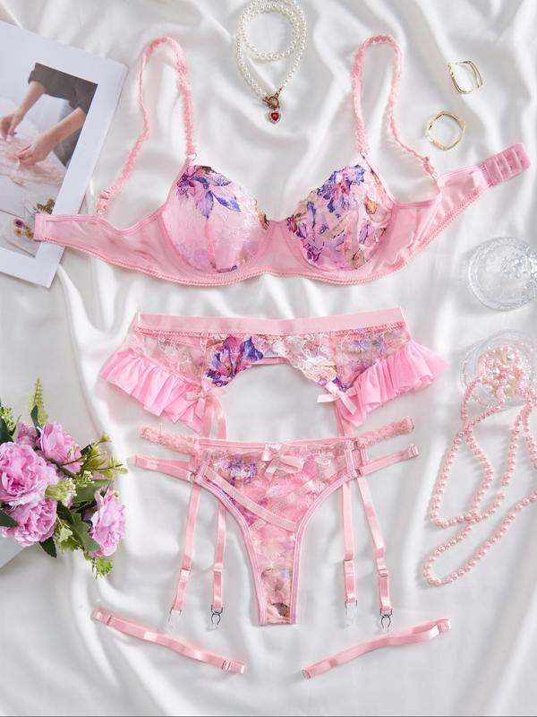 Women's Floral Embroidery Lingerie Set, Casual Bra & Cut Out Panty & Garter Belt & 1 Pair Thigh Rings Set, Lingerie Set for Women