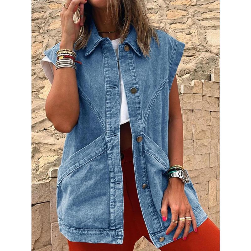 Fisoew Womens Oversized Sleeveless Denim Vest Classic Button Down Jean Vest Casual Utility Lapel Jean Jacket