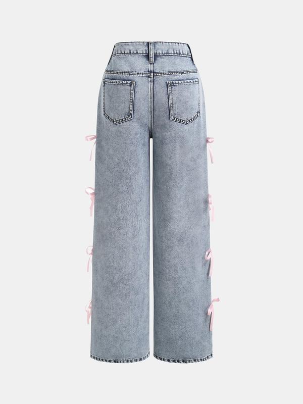 YOZY Women's Plain Bow Decor Button Zipper Fly Denim-Effect Print Pants, Casual Comfy Pocket Straight Leg Denim-Effect Print Trousers for Daily Wear, Ladies Bottoms for All Seasons