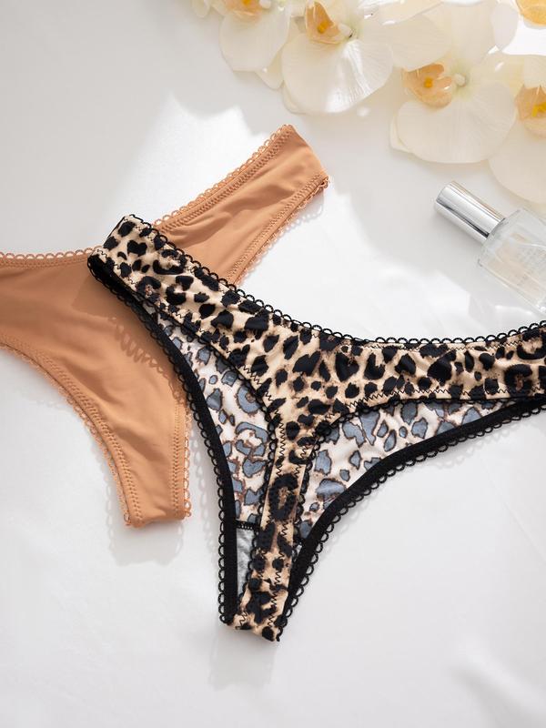 Women's Plain & Leopard Print Drop Waist Thong, Soft Comfy Breathable Panty for Daily Wear, Panties for Women 2024, Ladies Underwear for All Seasons