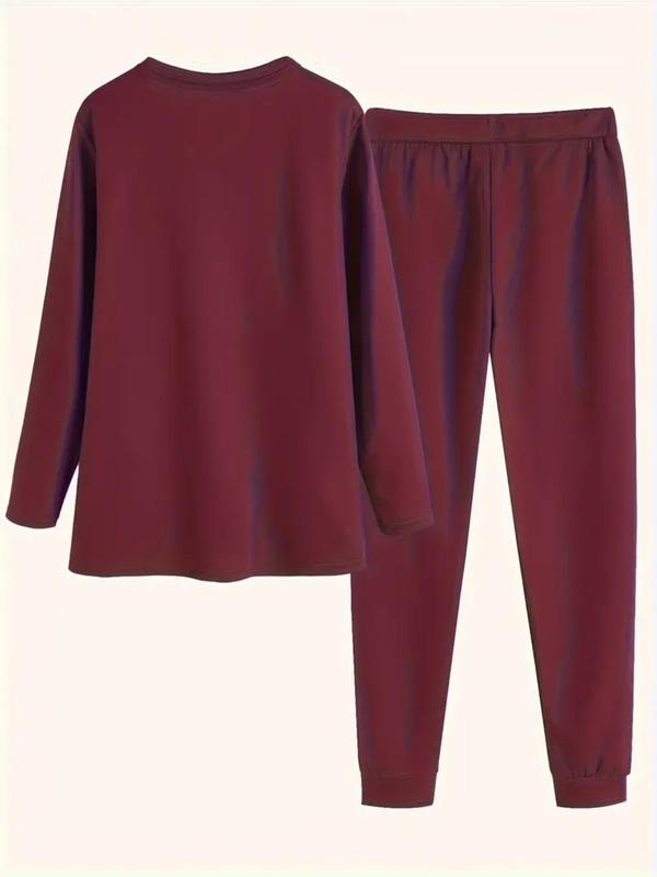 Two-Piece Set Women's Solid Long Sleeve Tee & Drawstring Waist Pants Loungewear Set, Casual Comfy Round Neck Top & Thermal Lined Trousers PJ Set, Women's Sleepwear for Fall & Winter