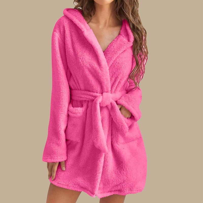 Robes Women Bathrobe Hooded Fuzzy Short Robe Belt Pockets Long Sleeve Fluffy Robe Fuzzy Cute Robe