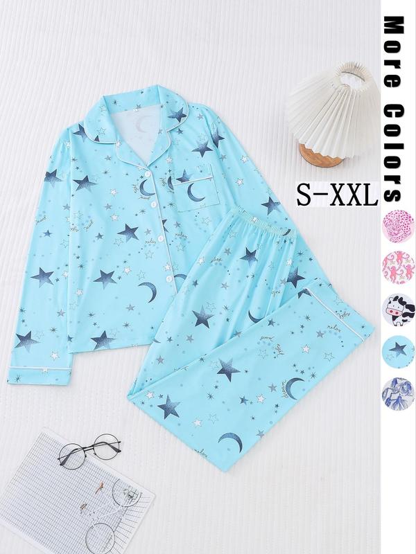 Two-piece Set Women's All Over Print Lapel Neck Pocket Shirt & Elastic Waist Pants Pyjama, Casual Comfy Long Sleeve Button Up Top & Trousers Pj Set, Women's Roller Rabbit Decor Sleepwear for Spring & Fall