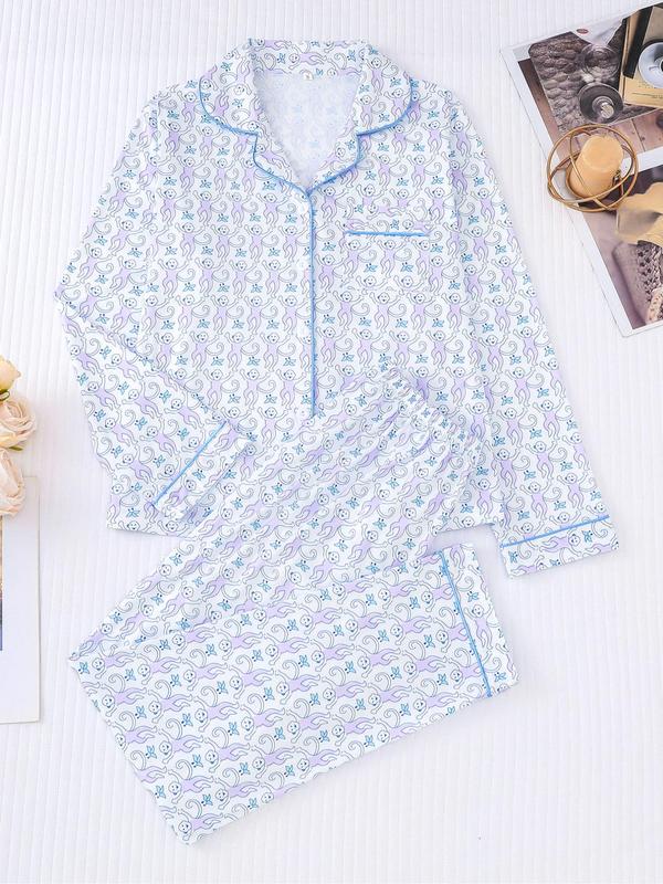 Two-piece Set Women's All Over Print Lapel Neck Pocket Shirt & Elastic Waist Pants Pyjama, Casual Comfy Long Sleeve Button Up Top & Trousers Pj Set, Women's Roller Rabbit Decor Sleepwear for Spring & Fall