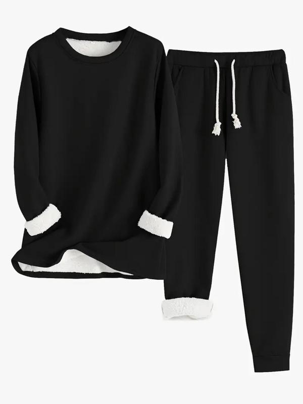 Two-Piece Set Women's Solid Long Sleeve Tee & Drawstring Waist Pants Loungewear Set, Casual Comfy Round Neck Top & Thermal Lined Trousers PJ Set, Women's Sleepwear for Fall & Winter