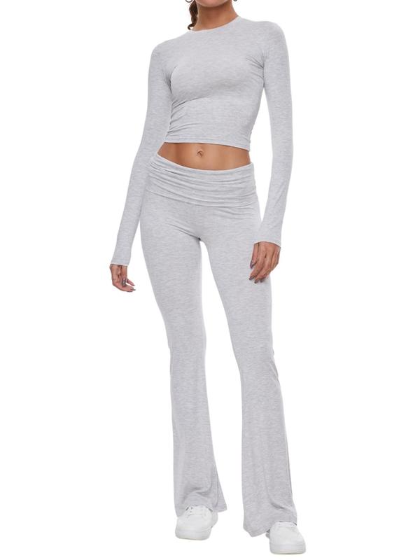 Women's Solid Long Sleeve Crop Top & Flare Leg Pants Loungewear Two-Piece Set, Casual Comfy Round Neck Top & Bell Bottom Trousers PJ Set, Ladies Sleepwear for All Seasons