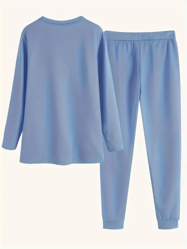 Two-Piece Set Women's Solid Long Sleeve Tee & Drawstring Waist Pants Loungewear Set, Casual Comfy Round Neck Top & Thermal Lined Trousers PJ Set, Women's Sleepwear for Fall & Winter