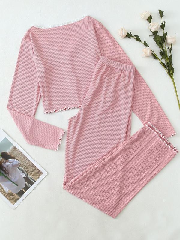 Two-Piece Set Women's Contrast Lace Frill Trim Crop Top & Bow Decor Elastic Waist Pants Pyjama, Long Sleeve V Neck Top & Trousers PJ Set, Women's Sleepwear for Spring & Fall