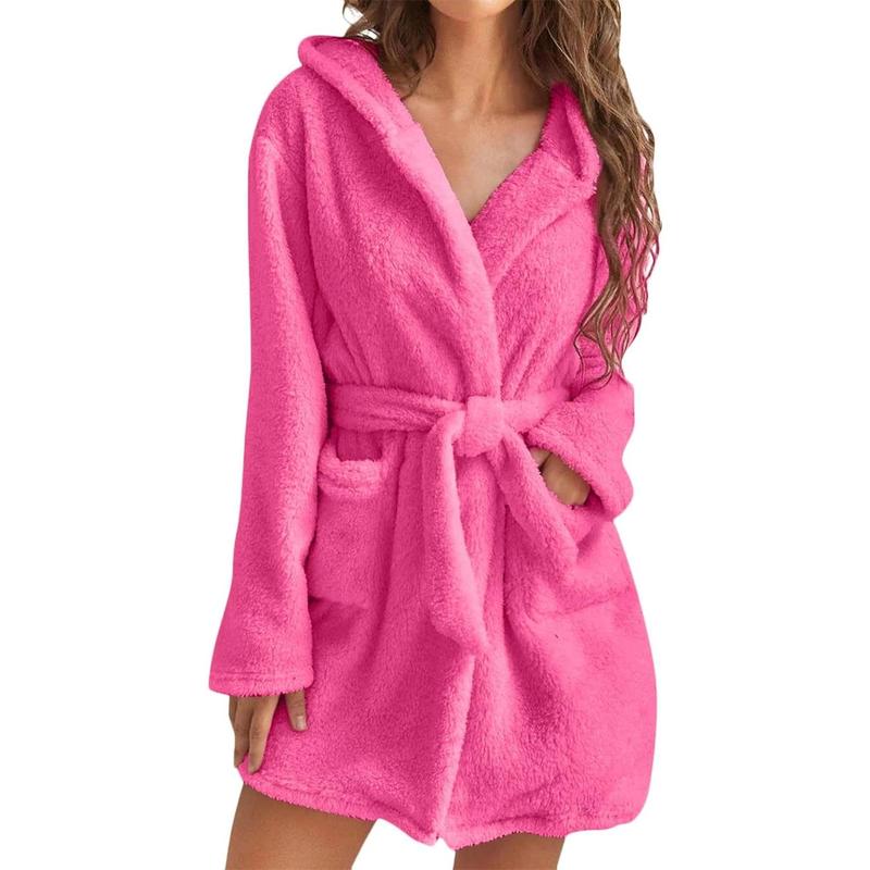 Robes Women Bathrobe Hooded Fuzzy Short Robe Belt Pockets Long Sleeve Fluffy Robe Fuzzy Cute Robe