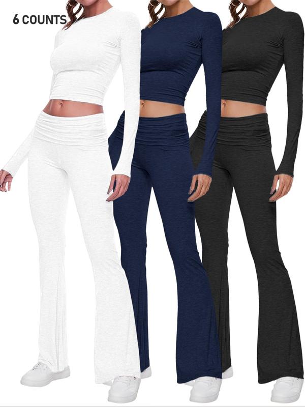 Women's Solid Long Sleeve Crop Top & Flare Leg Pants Loungewear Two-Piece Set, Casual Comfy Round Neck Top & Bell Bottom Trousers PJ Set, Ladies Sleepwear for All Seasons