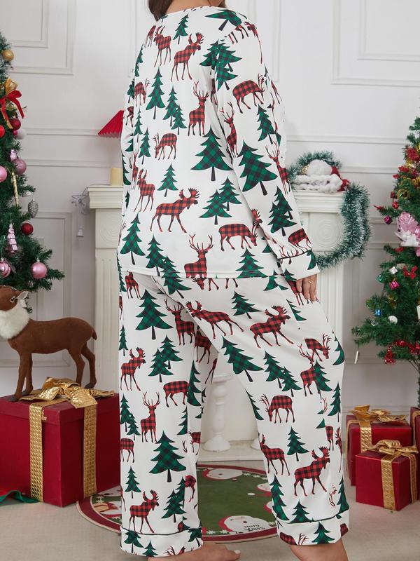 Christmas  Two-Piece Set Reindeer & Tree Print Crew Neck Sleep Tee & Pants Pyjama Set, Casual Comfy Round Neck Long Sleeve Top & Trousers PJ Set, Women's Sleepwear for Spring & Fall