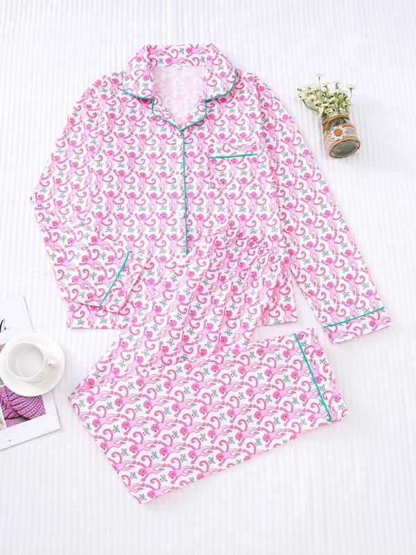 Two-piece Set Women's All Over Print Lapel Neck Pocket Shirt & Elastic Waist Pants Pyjama, Casual Comfy Long Sleeve Button Up Top & Trousers Pj Set, Women's Roller Rabbit Decor Sleepwear for Spring & Fall