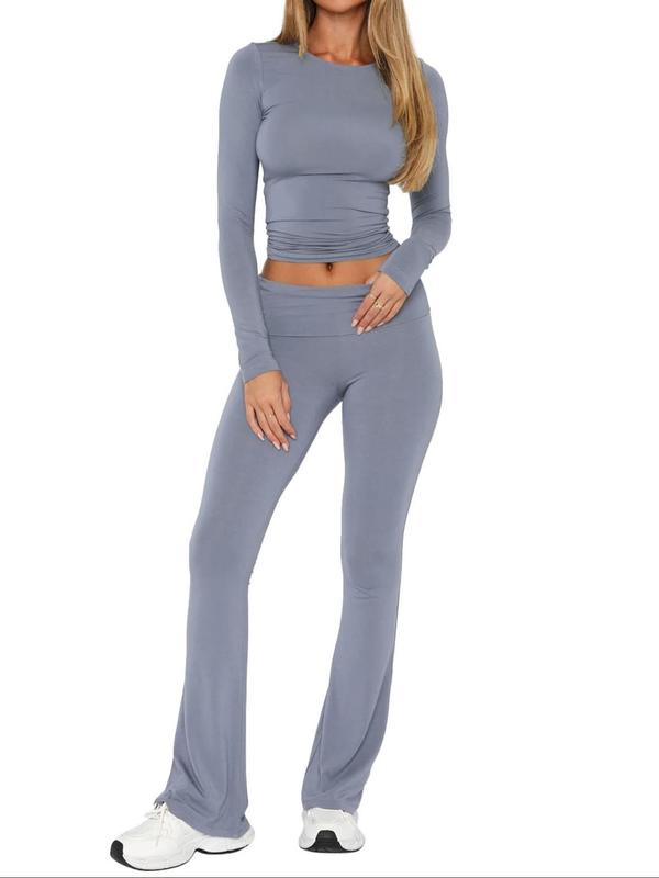 Women's Solid Long Sleeve Tee & Flare Leg Pants Loungewear Two-Piece Set, Casual Comfy Round Neck Top & Bell Bottom Trousers PJ Set, Ladies Sleepwear for All Seasons